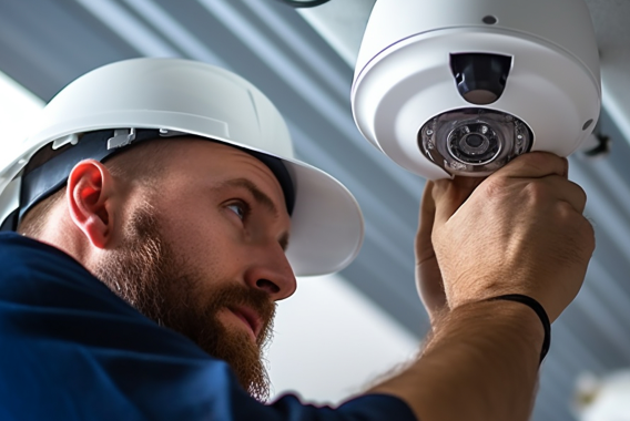 Worker installing security system in warehouse. Worker installing security system in warehouse.
